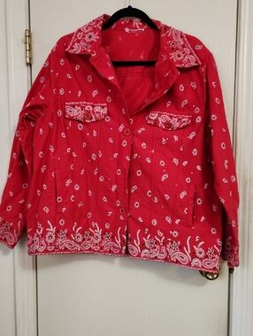 Quacker Factory Red Bandana-Print Jean Jacket with White Paisley Trim